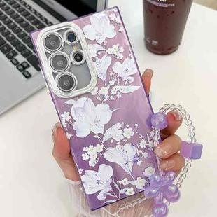 For Samsung Galaxy S25 Ultra 5G Electroplating Flowers Plants Texture Wristband TPU Phone Case(Pale Purple FlowerFL11)