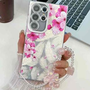 For Samsung Galaxy S25 Ultra 5G Electroplating Flowers Plants Texture Wristband TPU Phone Case(Peach Blossom FL18)
