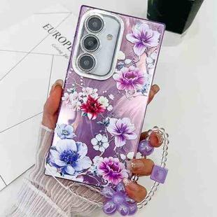 For Samsung Galaxy S24 FE 5G Electroplating Flowers Plants Texture Wristband TPU Phone Case(Purple Flowers FL1)