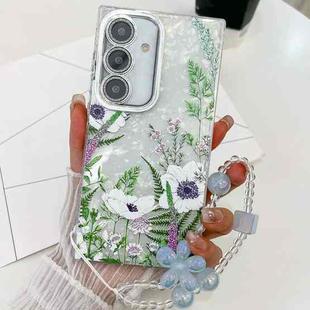 For Samsung Galaxy S24 FE 5G Electroplating Flowers Plants Texture Wristband TPU Phone Case(Green Plants FL5)