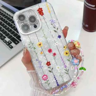 For iPhone 16 Pro Max Electroplating Flower Texture Wristband TPU Phone Case(Yellow Wildflower SH6)