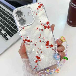 For iPhone 16 Plus Electroplating Flower Texture Wristband TPU Phone Case(Red Plum Blossom SH2)