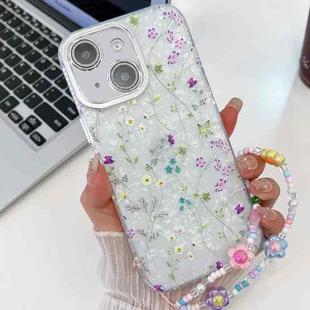 For iPhone 15 Electroplating Flower Texture Wristband TPU Phone Case(Wild Chrysanthemum SH5)