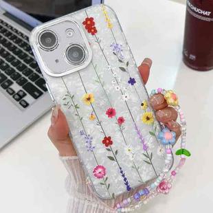 For iPhone 15 Electroplating Flower Texture Wristband TPU Phone Case(Yellow Wildflower SH6)