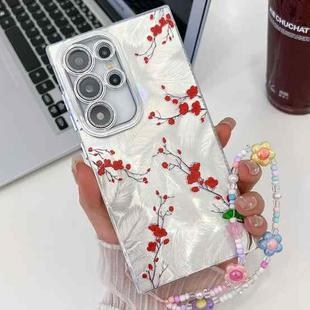 For Samsung Galaxy S23 Ultra 5G Electroplating Flower Texture Wristband TPU Phone Case(Red Plum Blossom SH2)