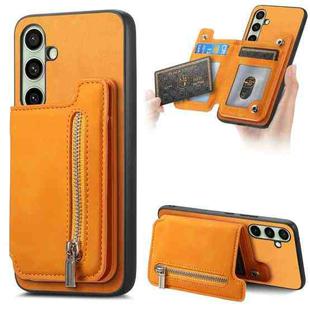For Samsung Galaxy S24 FE 5G Retro MagSafe Zipper Wallet Card Bag Back Phone Case(Yellow)