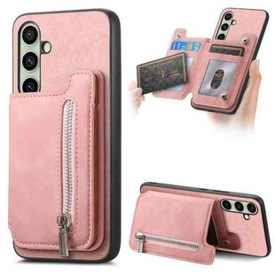 For Samsung Galaxy S24 FE 5G Retro MagSafe Zipper Wallet Card Bag Back Phone Case(Pink)