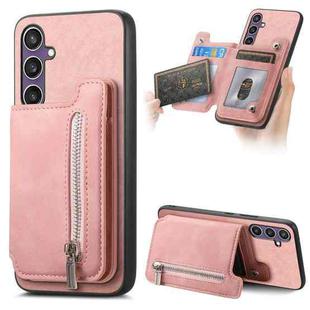 For Samsung Galaxy S23 FE 5G Retro MagSafe Zipper Wallet Card Bag Back Phone Case(Pink)