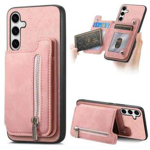 For Samsung Galaxy S25+ 5G Retro MagSafe Zipper Wallet Card Bag Back Phone Case(Pink)