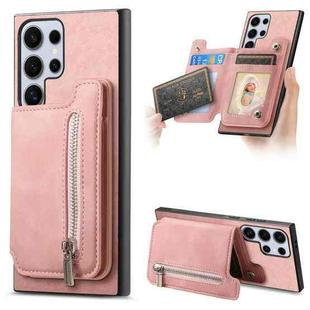For Samsung Galaxy S25 Ultra 5G Retro MagSafe Zipper Wallet Card Bag Back Phone Case(Pink)