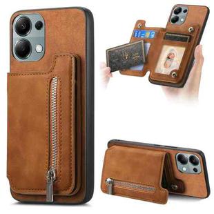 For Redmi Note 13 4G Retro MagSafe Zipper Wallet Card Bag Back Phone Case(Brown)