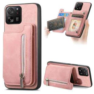 For Xiaomi 13T / 13T Pro Retro MagSafe Zipper Wallet Card Bag Back Phone Case(Pink)