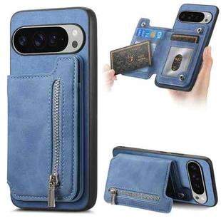 For Google Pixel 9 Pro XL Retro MagSafe Zipper Wallet Card Bag Back Phone Case(Blue)