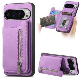 For Google Pixel 9 Pro XL Retro MagSafe Zipper Wallet Card Bag Back Phone Case(Purple)