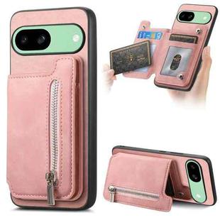 For Google Pixel 8a Retro MagSafe Zipper Wallet Card Bag Back Phone Case(Pink)