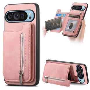 For Google Pixel 8 Pro Retro MagSafe Zipper Wallet Card Bag Back Phone Case(Pink)