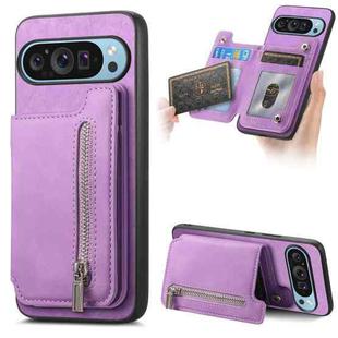 For Google Pixel 8 Pro Retro MagSafe Zipper Wallet Card Bag Back Phone Case(Purple)