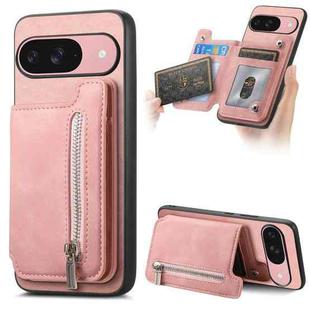 For Google Pixel 9 / 9 Pro Retro MagSafe Zipper Wallet Card Bag Back Phone Case(Pink)