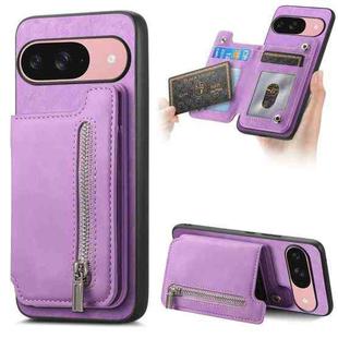 For Google Pixel 9 / 9 Pro Retro MagSafe Zipper Wallet Card Bag Back Phone Case(Purple)