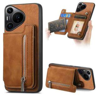 For Huawei Pura 70 Pro+ Retro MagSafe Zipper Wallet Card Bag Back Phone Case(Brown)