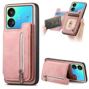 For Realme GT Neo5 SE 5G Retro MagSafe Zipper Wallet Card Bag Back Phone Case(Pink)