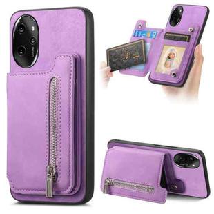 For Honor 100 Pro Retro MagSafe Zipper Wallet Card Bag Back Phone Case(Purple)