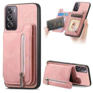 For OPPO Reno12 Global Retro MagSafe Zipper Wallet Card Bag Back Phone Case(Pink)