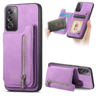 For OPPO Reno12 Global Retro MagSafe Zipper Wallet Card Bag Back Phone Case(Purple)