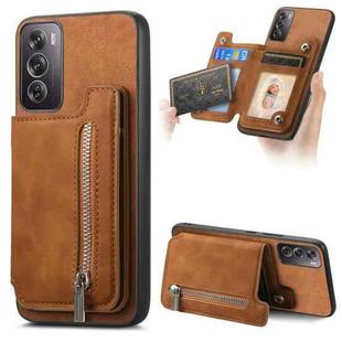 For OPPO Reno12 Global Retro MagSafe Zipper Wallet Card Bag Back Phone Case(Brown)