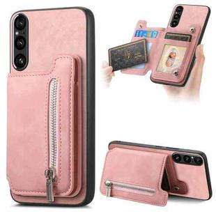 For Sony Xperia 1 VI Retro MagSafe Zipper Wallet Card Bag Back Phone Case(Pink)