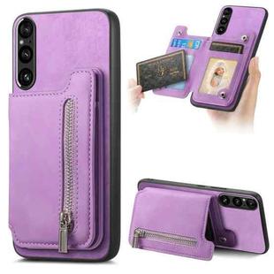 For Sony Xperia 1 VI Retro MagSafe Zipper Wallet Card Bag Back Phone Case(Purple)