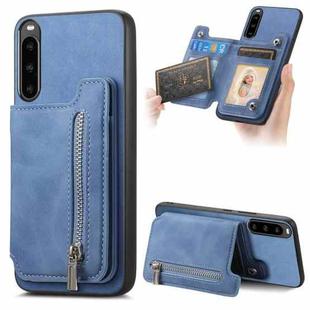 For Sony Xperia 10 V Retro MagSafe Zipper Wallet Card Bag Back Phone Case(Blue)