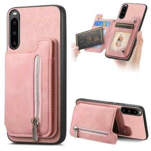 For Sony Xperia 10 V Retro MagSafe Zipper Wallet Card Bag Back Phone Case(Pink)