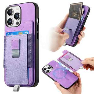 For iPhone 16 Pro Max Retro Magsafe Cross Leather Pull-Out Card Bag Back Phone Case(Purple)