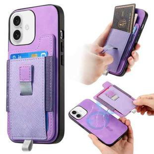 For iPhone 16 Retro Magsafe Cross Leather Pull-Out Card Bag Back Phone Case(Purple)