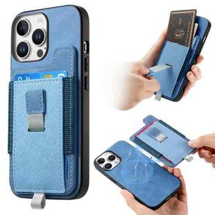 For iPhone 15 Pro Retro Magsafe Cross Leather Pull-Out Card Bag Back Phone Case(Blue)