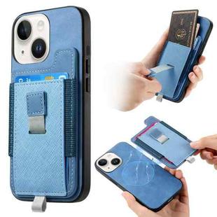 For iPhone 15 Plus Retro Magsafe Cross Leather Pull-Out Card Bag Back Phone Case(Blue)