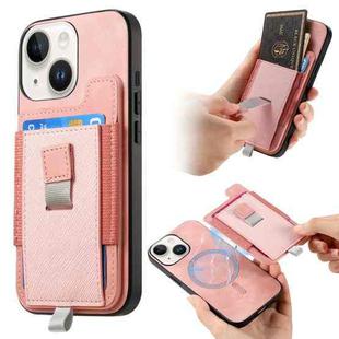 For iPhone 15 Plus Retro Magsafe Cross Leather Pull-Out Card Bag Back Phone Case(Pink)