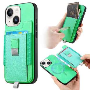 For iPhone 15 Plus Retro Magsafe Cross Leather Pull-Out Card Bag Back Phone Case(Green)