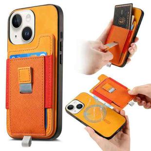 For iPhone 15 Retro Magsafe Cross Leather Pull-Out Card Bag Back Phone Case(Yellow)