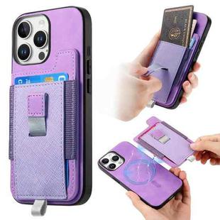 For iPhone 14 Pro Retro Magsafe Cross Leather Pull-Out Card Bag Back Phone Case(Purple)