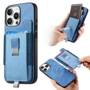 For iPhone 13 Pro Retro Magsafe Cross Leather Pull-Out Card Bag Back Phone Case(Blue)