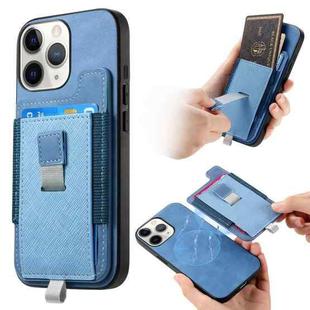 For iPhone 11 Pro Max Retro Magsafe Cross Leather Pull-Out Card Bag Back Phone Case(Blue)