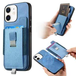 For iPhone 11 Retro Magsafe Cross Leather Pull-Out Card Bag Back Phone Case(Blue)
