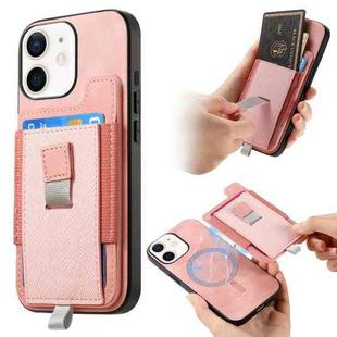 For iPhone 11 Retro Magsafe Cross Leather Pull-Out Card Bag Back Phone Case(Pink)