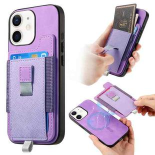 For iPhone 11 Retro Magsafe Cross Leather Pull-Out Card Bag Back Phone Case(Purple)