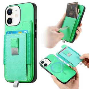 For iPhone 11 Retro Magsafe Cross Leather Pull-Out Card Bag Back Phone Case(Green)