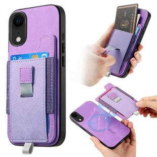 For iPhone XR Retro Magsafe Cross Leather Pull-Out Card Bag Back Phone Case(Purple)