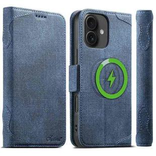 For iPhone 16 Suteni J07 Multi-functional Horizontal MagSafe Denim Leather Phone Case(Blue)