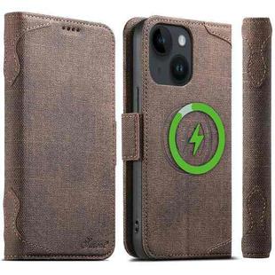 For iPhone 15 Plus Suteni J07 Multi-functional Horizontal MagSafe Denim Leather Phone Case(Brown)